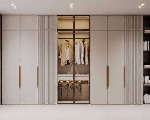 Modern built-in wardrobe closet with personal accessories